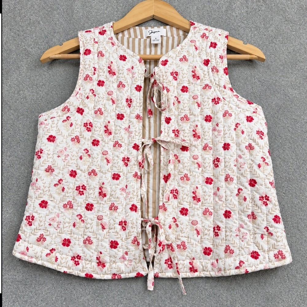 Japna Women Floral Quilted Vest White Red Cotton Tie Front Striped Lining Small